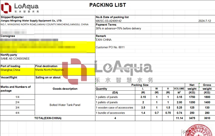 Bolted Water Tank Packing List